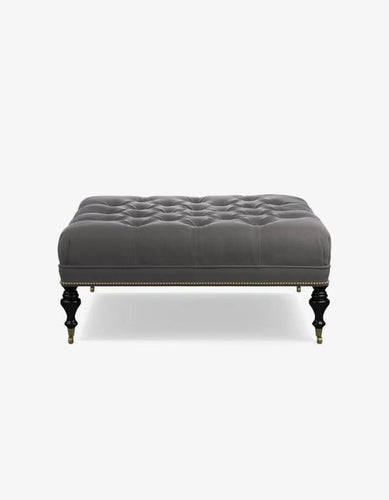 50x90 Gri Keten Kumaşlı Kapitoneli Siyah Torna Ahşap Ayaklı Dikdörtgen Bench Puf
