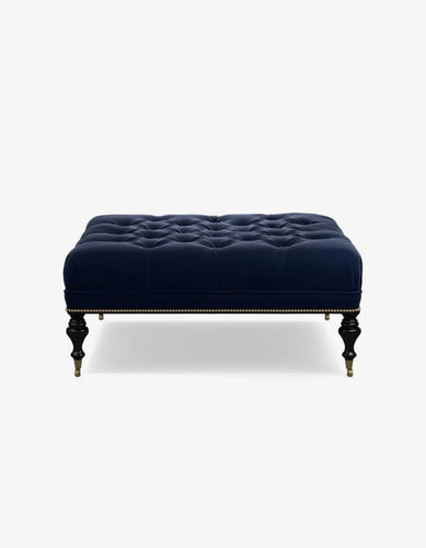 50x90 Lacivert Keten Kumaşlı Kapitoneli Siyah Torna Ahşap Ayaklı Dikdörtgen Bench Puf