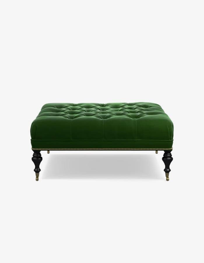 50x90 Yeşil Keten Kumaşlı Kapitoneli Siyah Torna Ahşap Ayaklı Dikdörtgen Bench Puf