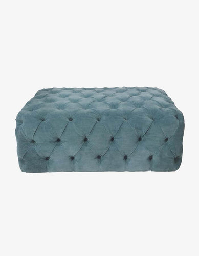 Açık Mavi Kadife Kumaşlı Kapitoneli Düğmeli Kare Puf