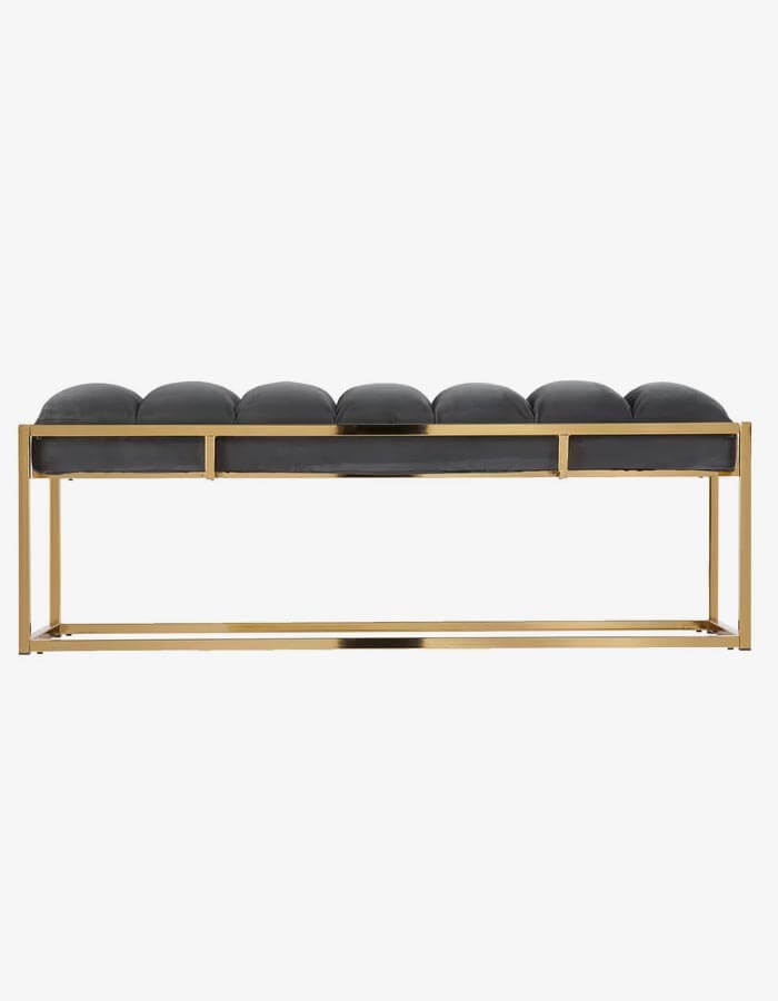 Antrasit Rengi Kadife Kumaşlı Parlak Pirinç Kaplama Metal Ayaklı Bench Bank