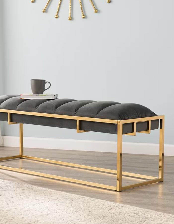 Antrasit Rengi Kadife Kumaşlı Parlak Pirinç Kaplama Metal Ayaklı Bench Bank