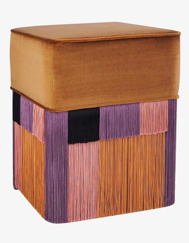 Karamel Rengi Kadife Kumaşlı Çok Renkli Püsküllü Kare Puf