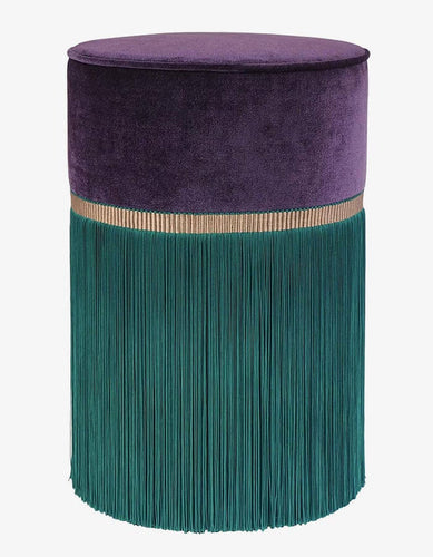 Mor Kadife Kumaşlı Yeşil Püsküllü Yuvarlak Puf