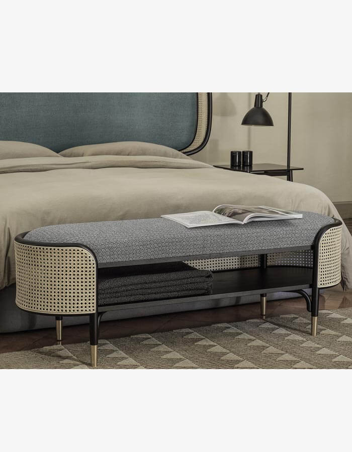 Naturel Bambu Hazeranlı Siyah Ahşap Rattan ve Pirinç Rengi Pabuç Detaylı Hasırlı Bench LİFE