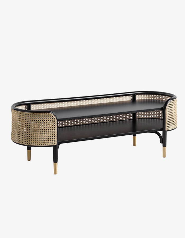 Naturel Bambu Hazeranlı Siyah Ahşap Rattan ve Pirinç Rengi Pabuç Detaylı Hasırlı Bench