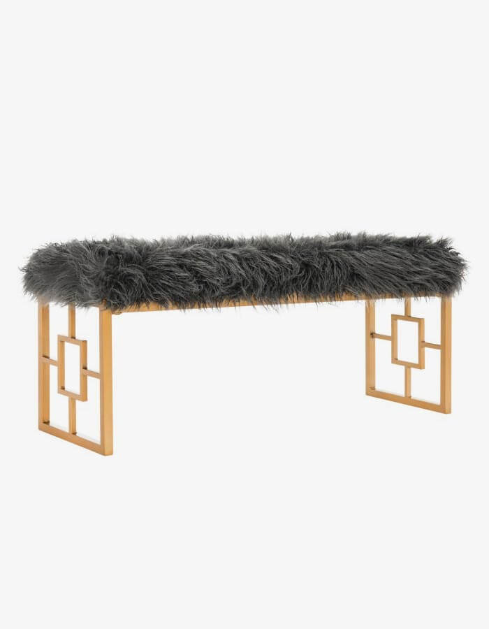 Pirinç Rengi Static Boyalı Metal Ayaklı Gri Tüylü Kumaşlı Bank Bench Puf