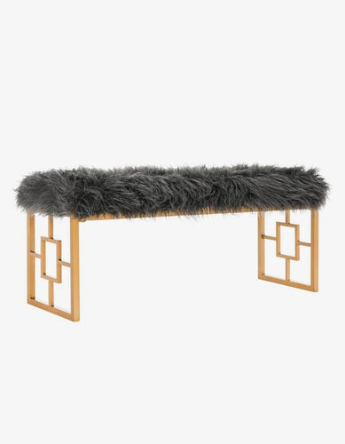 Pirinç Rengi Static Boyalı Metal Ayaklı Gri Tüylü Kumaşlı Bank Bench Puf