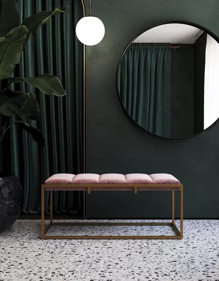 Pudra Kadife Pirinç Eskitme Rengi Metal Ayaklı Bench Bank detay 2