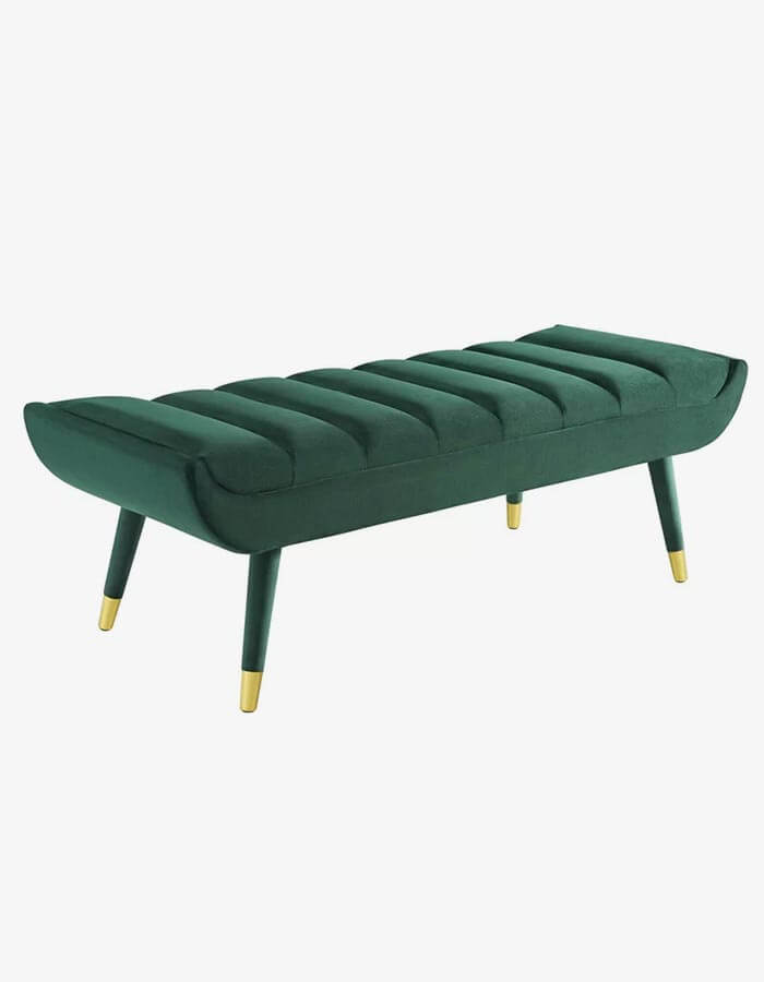 Yeşil Kadife Kumaşlı Ahşap Siyah Ayaklı Pirinç Rengi Pabuçlu Uzun Bench Bank