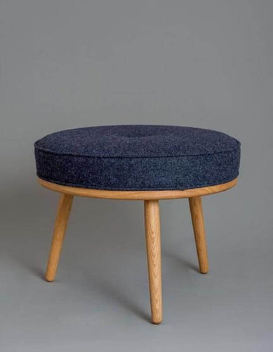 Lacivert Rengi Keten Ahşap Ayaklı Yuvarlak Tabure Puf