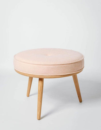 Şeftali Rengi Keten Ahşap Ayaklı Yuvarlak Tabure Puf